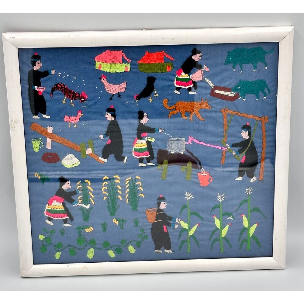 Folk Art Hmong "Story Cloth" (Paj Ntaub Dab Neeg) Handcrafted Embroidery Textile